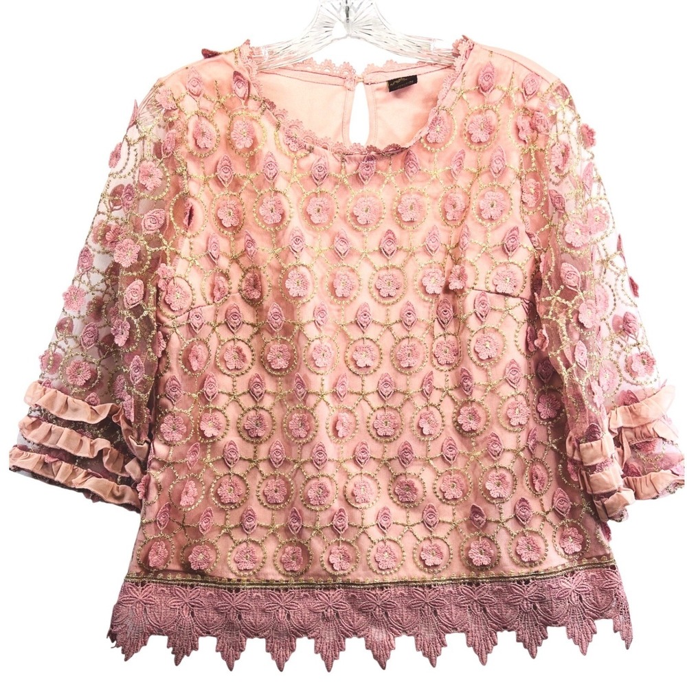 Mags Pink Floral Mesh Gold Embroidered Blouse XL Ruffle Sleeve Crochet Lace Trim